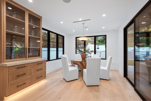 Dining room, Interior, Pendant Lights, Recessed Lighting, Wood Texture Flooring