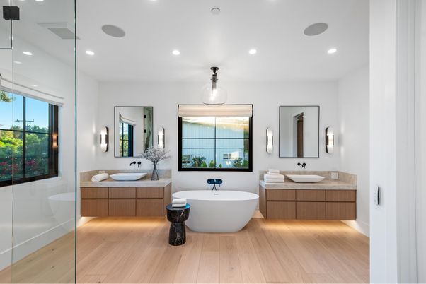 Bathroom, Dual Sink Vanities, Free Standing Baths, Glass Shower, Interior, Recessed Lighting, Wood Texture Flooring