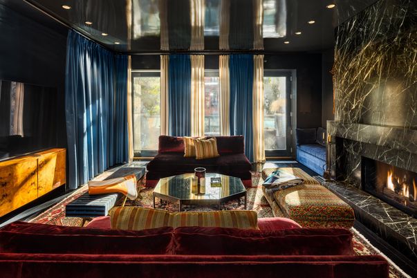 Fireplace, Interior, Living room, Marble Walls, Recessed Lighting