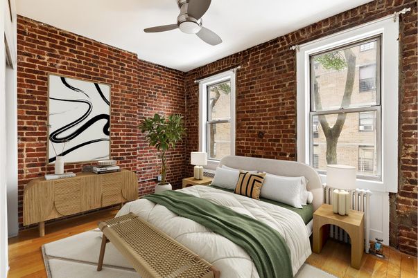 Bedroom, Interior, Stone Walls, Wood Texture Flooring