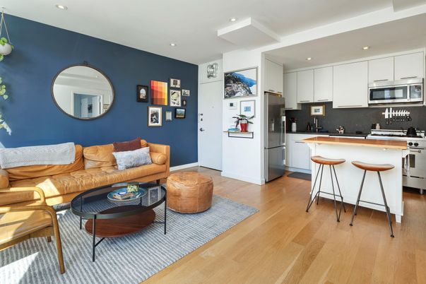 Interior, Kitchen, Living room, Recessed Lighting, Stainless Steel Appliances, Wood Texture Flooring