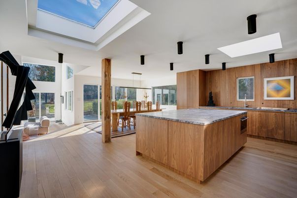 Dining room, Interior, Kitchen, Pendant Lights, Wood Texture Flooring, Wooden Walls