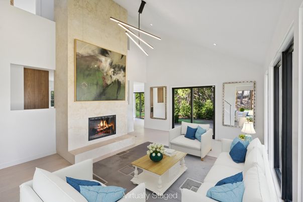 Fireplace, Interior, Living room, Pendant Lights, Recessed Lighting, Wood Texture Flooring