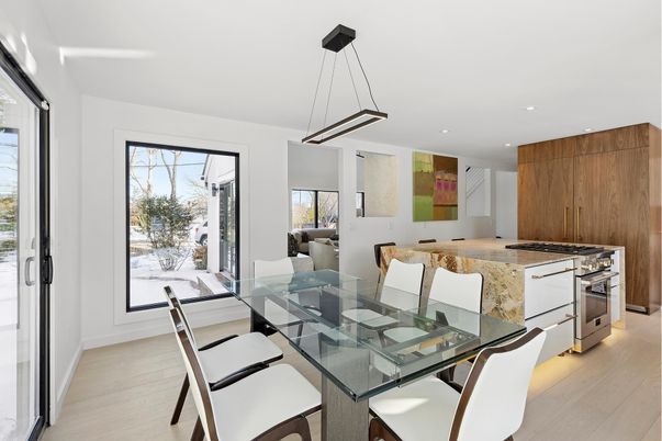 Dining room, Interior, Kitchen, Pendant Lights, Recessed Lighting, Wood Texture Flooring