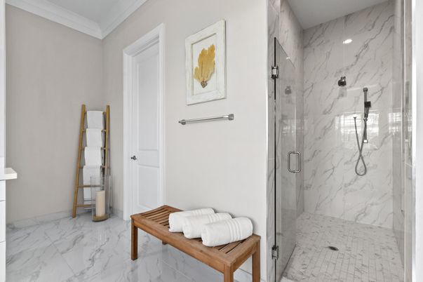 Bathroom, Glass Shower, Interior, Marble, Marble Walls, Recessed Lighting