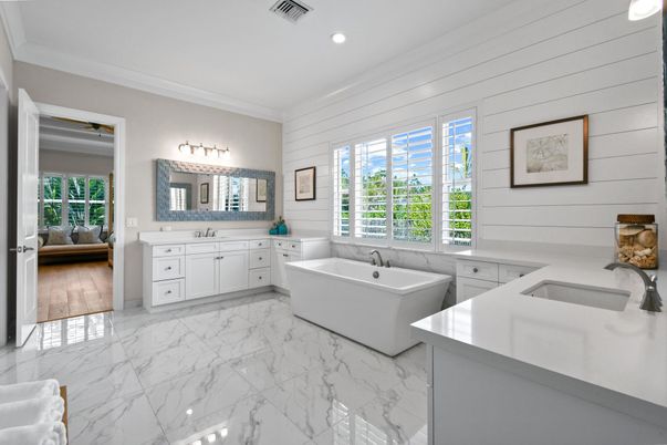 Bathroom, Dual Sink Vanities, Free Standing Baths, Interior, Marble, Recessed Lighting