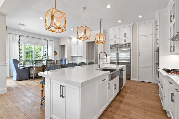 Dining room, Interior, Kitchen, Pendant Lights, Recessed Lighting, Stainless Steel Appliances, Wood Texture Flooring