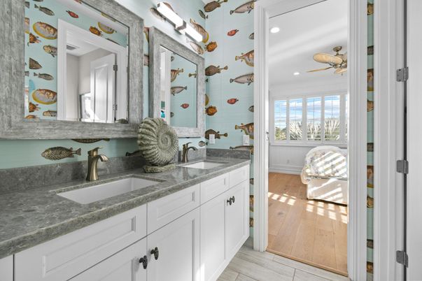 Bathroom, Dual Sink Vanities, Interior, Recessed Lighting, Wood Texture Flooring