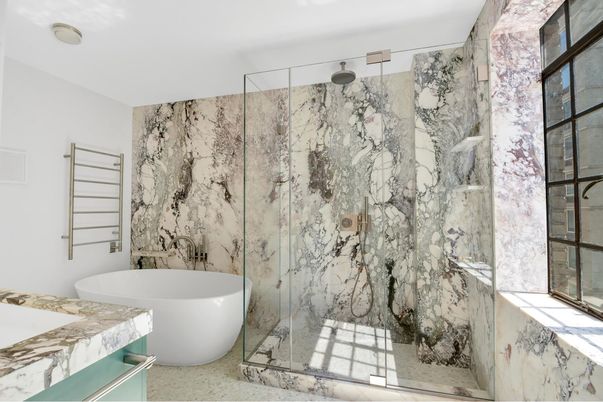 Bathroom, Free Standing Baths, Glass Shower, Interior, Marble Walls