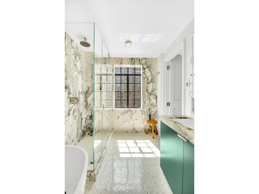 Bathroom, Free Standing Baths, Glass Shower, Interior, Marble Walls