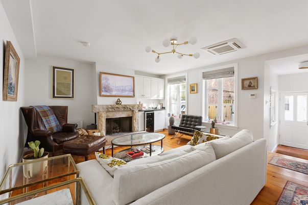 Fireplace, Interior, Living room, Pendant Lights, Wood Texture Flooring