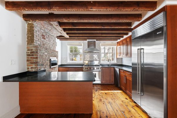 Interior, Kitchen, Stainless Steel Appliances, Stone Walls, Wooden Beams, Wood Texture Flooring