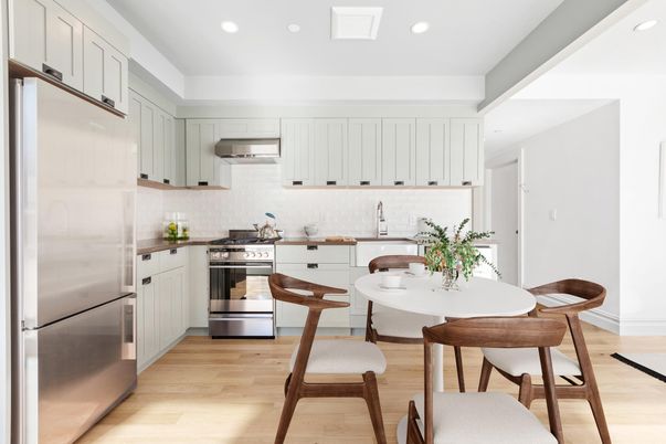 Dining room, Interior, Kitchen, Recessed Lighting, Stainless Steel Appliances, Wood Texture Flooring