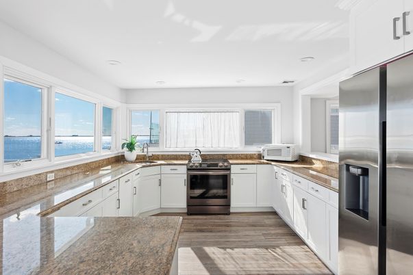 Interior, Kitchen, Recessed Lighting, Stainless Steel Appliances, Water, Wood Texture Flooring