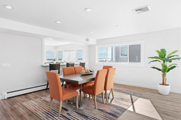 Dining room, Interior, Recessed Lighting, Wood Texture Flooring