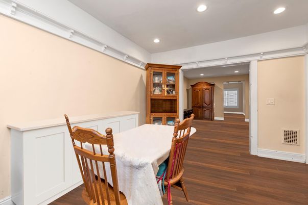Dining room, Interior, Recessed Lighting, Wood Texture Flooring