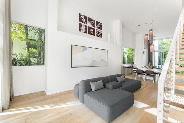 Dining room, Interior, Living room, Pendant Lights, Recessed Lighting, Wood Texture Flooring