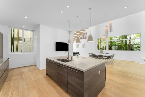 Dining room, Interior, Kitchen, Pendant Lights, Recessed Lighting, Wood Texture Flooring