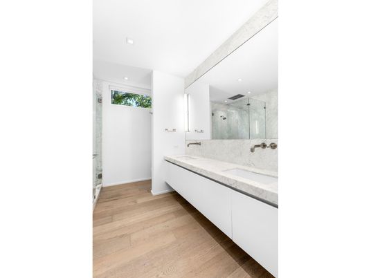 Bathroom, Glass Shower, Interior, Marble Walls, Recessed Lighting, Wood Texture Flooring