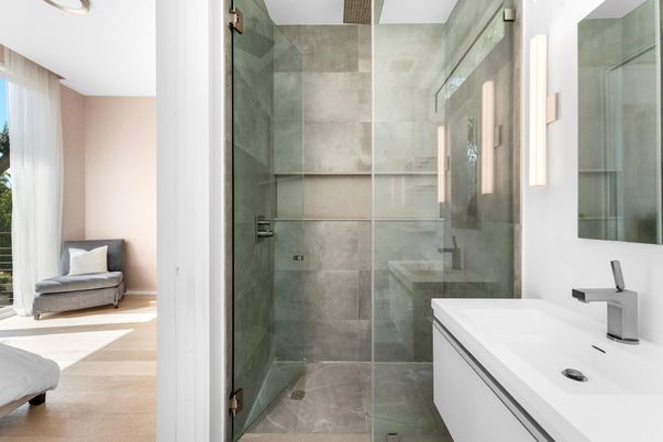 Bathroom, Glass Shower, Interior, Wood Texture Flooring