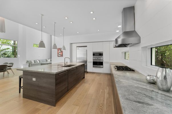 Interior, Kitchen, Pendant Lights, Recessed Lighting, Stainless Steel Appliances, Wood Texture Flooring