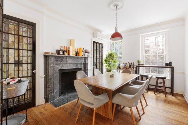 Dining room, Fireplace, Interior, Pendant Lights, Wood Texture Flooring
