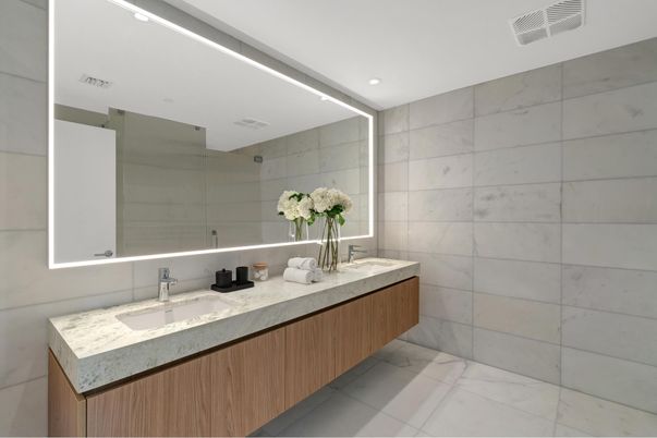 Bathroom, Dual Sink Vanities, Interior, Marble, Marble Walls, Recessed Lighting