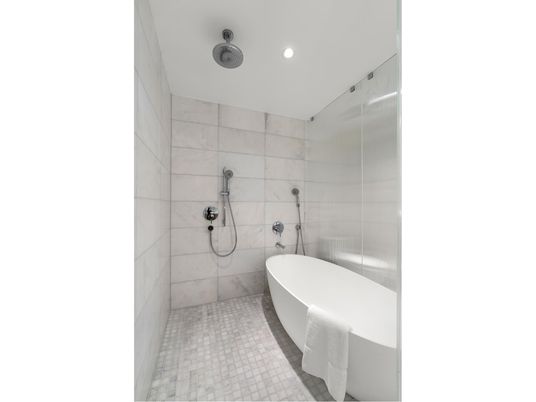 Bathroom, Free Standing Baths, Glass Shower, Interior, Recessed Lighting