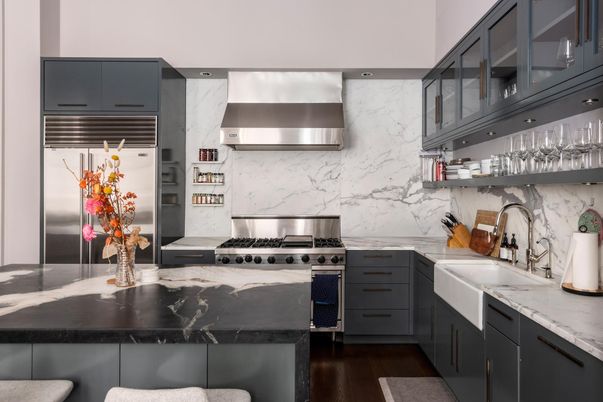 Interior, Kitchen, Marble Walls, Stainless Steel Appliances, Wood Texture Flooring