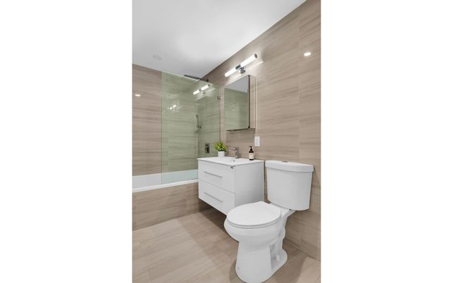 Bathroom, Glass Shower, Interior, Recessed Lighting, Wood Texture Flooring