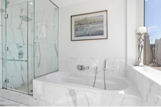 Bathroom, Glass Shower, Interior, Marble, Marble Walls, Recessed Lighting