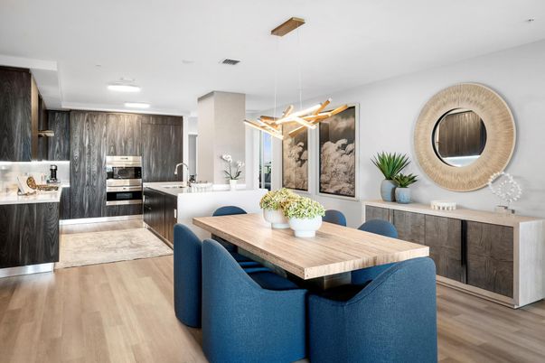 Dining room, Interior, Kitchen, Pendant Lights, Recessed Lighting, Stainless Steel Appliances, Wood Texture Flooring