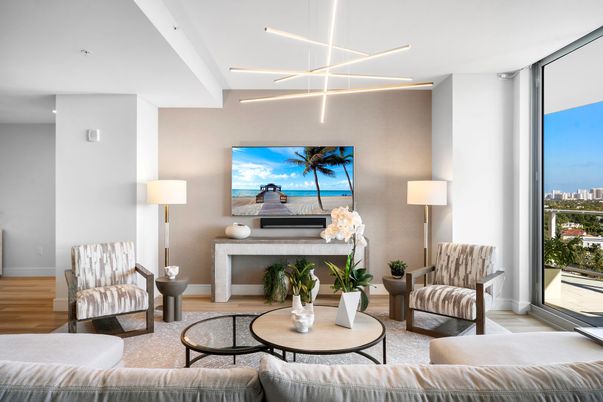 Fireplace, Interior, Living room, Pendant Lights, Water, Wood Texture Flooring