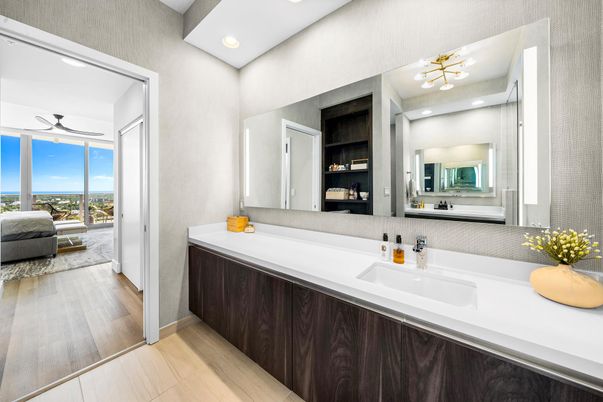 Bathroom, Dual Sink Vanities, Interior, Recessed Lighting, Water, Wood Texture Flooring
