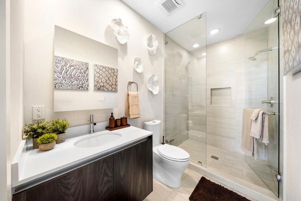 Bathroom, Glass Shower, Interior, Recessed Lighting