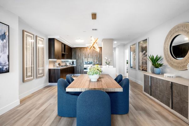 Dining room, Interior, Kitchen, Pendant Lights, Recessed Lighting, Wood Texture Flooring