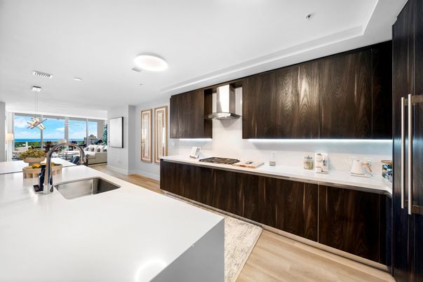 Interior, Kitchen, Pendant Lights, Recessed Lighting, Water, Wood Texture Flooring