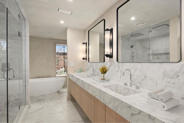 Bathroom, Dual Sink Vanities, Free Standing Baths, Glass Shower, Interior, Marble, Marble Walls, Recessed Lighting