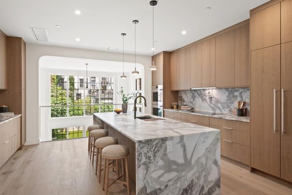 Interior, Kitchen, Marble Walls, Pendant Lights, Recessed Lighting, Wood Texture Flooring
