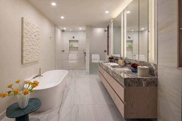 Bathroom, Dual Sink Vanities, Free Standing Baths, Glass Shower, Interior, Marble, Recessed Lighting