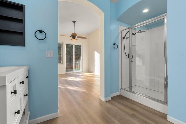 Bathroom, Glass Shower, Interior, Recessed Lighting, Wood Texture Flooring