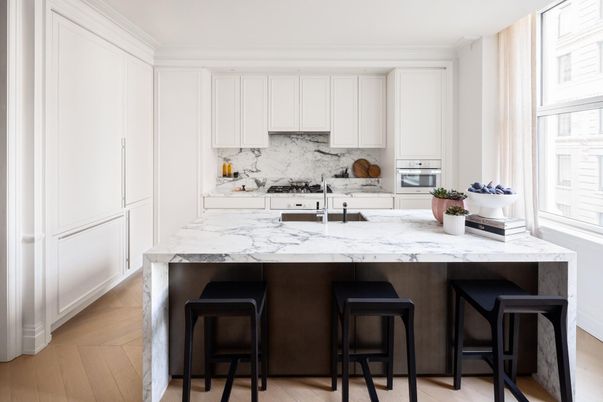 Interior, Kitchen, Marble Walls, Wood Texture Flooring