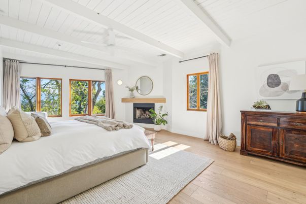 Bedroom, Fireplace, Interior, Wood Texture Flooring