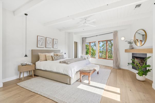 Bedroom, Fireplace, Interior, Pendant Lights, Wood Texture Flooring