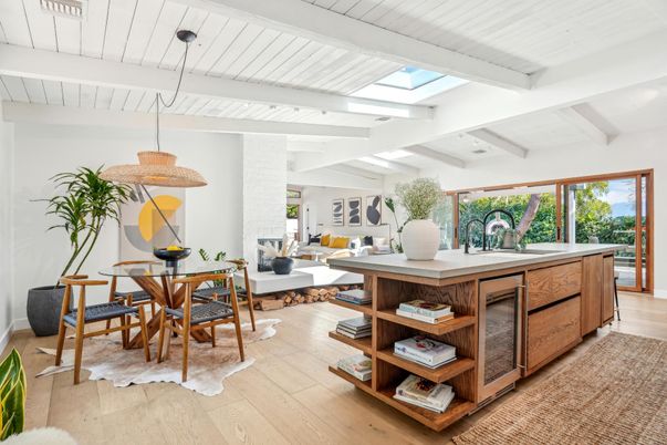 Dining room, Interior, Living room, Pendant Lights, Wood Texture Flooring