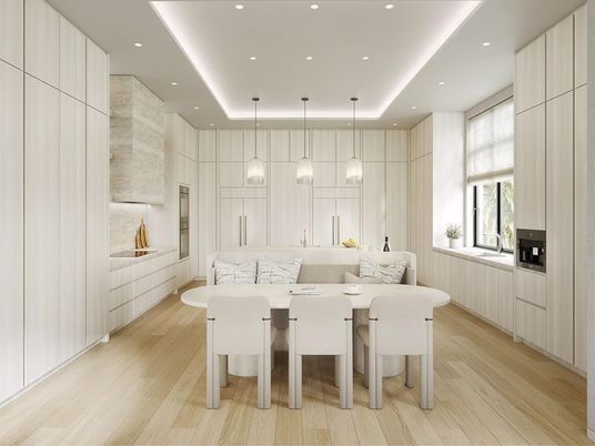 Dining room, Interior, Pendant Lights, Recessed Lighting, Wood Texture Flooring