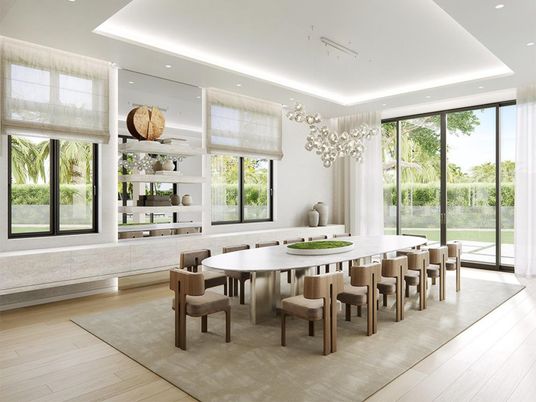 Dining room, Interior, Pendant Lights, Recessed Lighting, Wood Texture Flooring