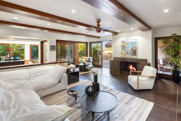 Fireplace, Interior, Living room, Recessed Lighting, Wooden Beams