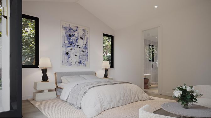 Bedroom, Interior, Recessed Lighting, Wood Texture Flooring