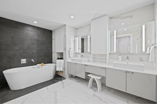 Bathroom, Dual Sink Vanities, Free Standing Baths, Interior, Marble, Marble Walls, Recessed Lighting